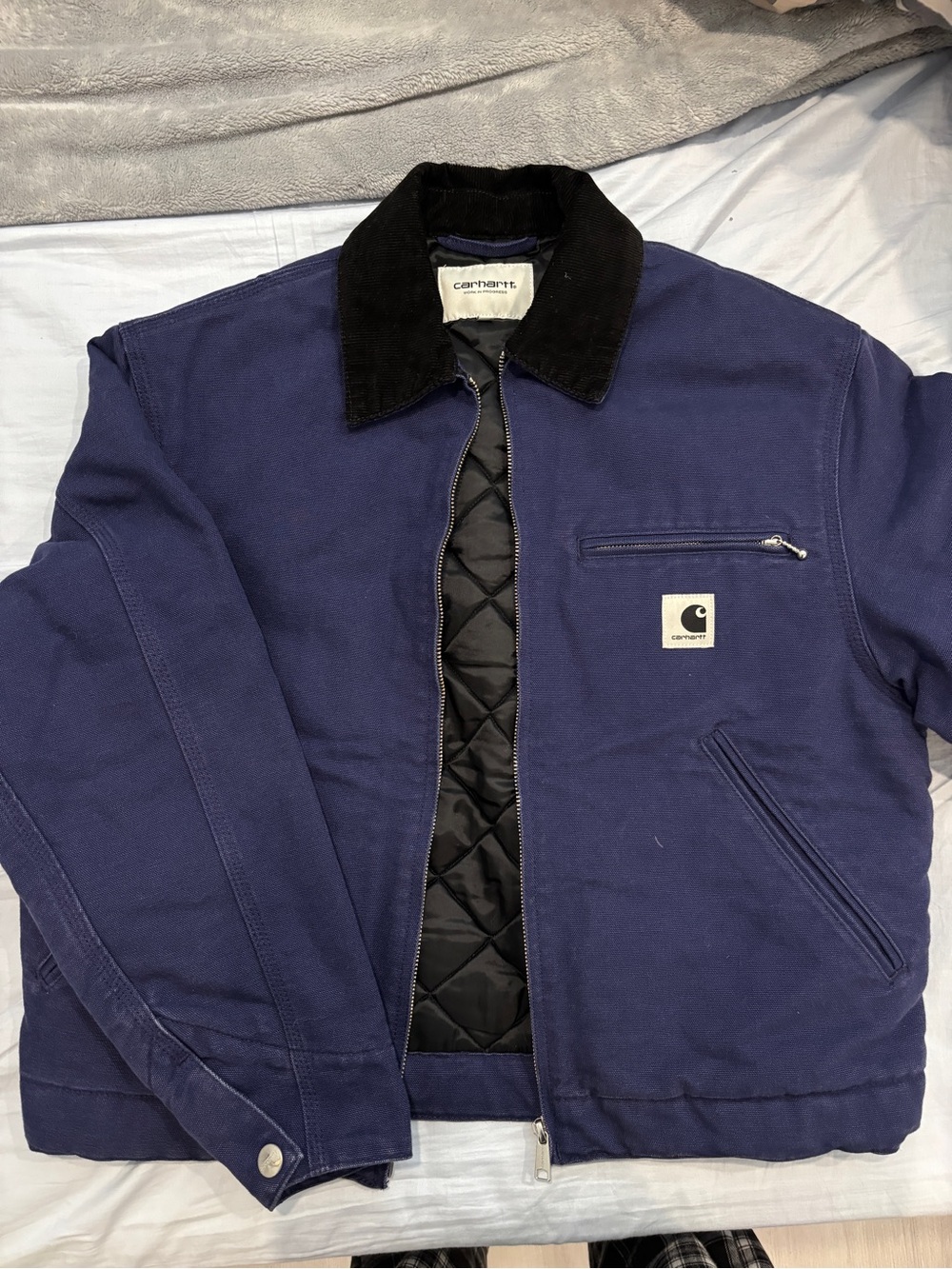 Carhartt Navy Work Jacket with Black Corduroy Collar
